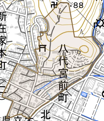 八代宮前町とその周辺の地図。町の範囲を重ねている