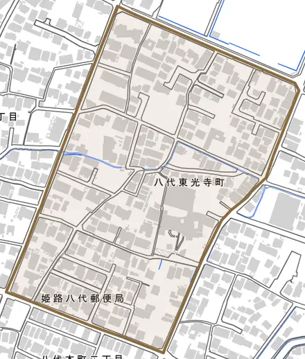 八代東光寺町とその周辺の地図。町の範囲を重ねている