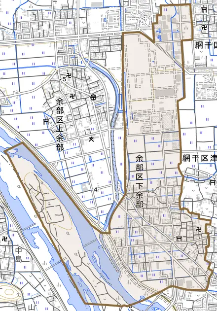 余部区下余部とその周辺の地図。町の範囲を重ねている