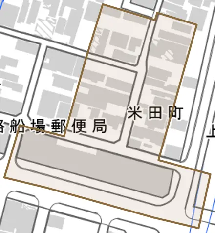 米田町とその周辺の地図。町の範囲を重ねている