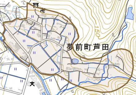 夢前町芦田とその周辺の地図。町の範囲を重ねている
