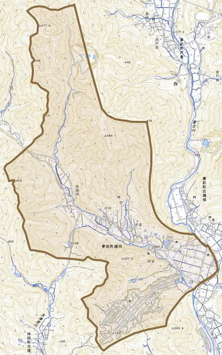 夢前町護持とその周辺の地図。町の範囲を重ねている
