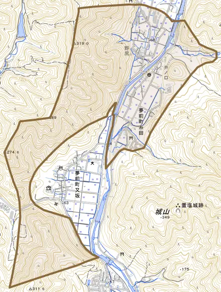 夢前町糸田とその周辺の地図。町の範囲を重ねている