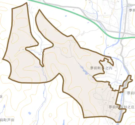夢前町古知之庄とその周辺の地図。町の範囲を重ねている