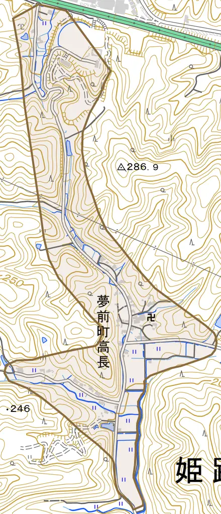 夢前町高長とその周辺の地図。町の範囲を重ねている