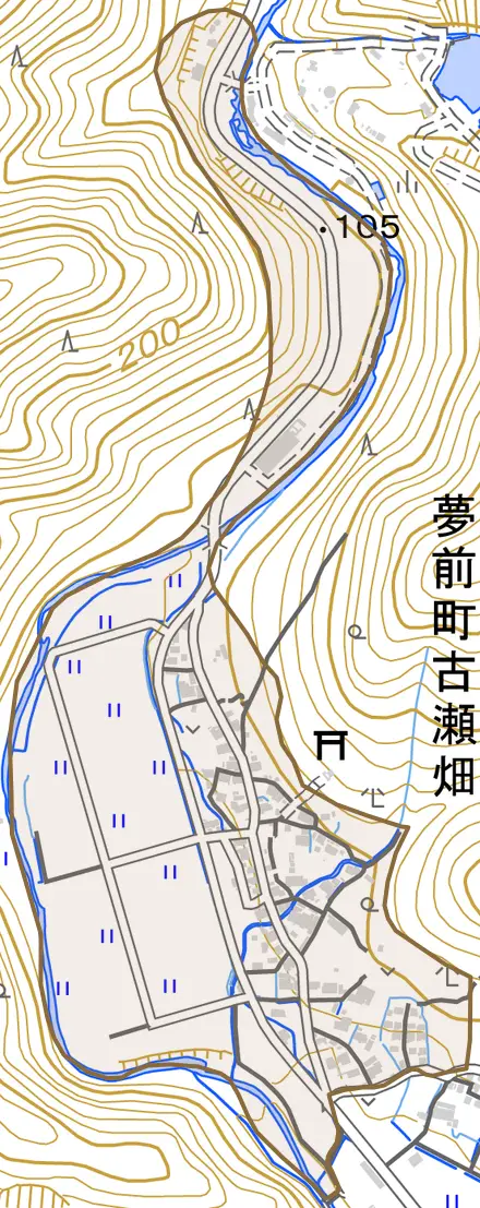 夢前町古瀬畑とその周辺の地図。町の範囲を重ねている