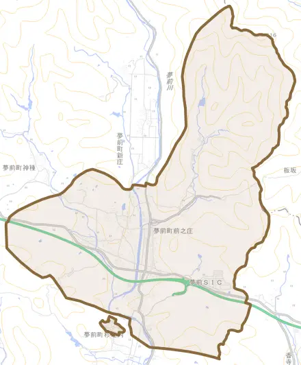 夢前町前之庄とその周辺の地図。町の範囲を重ねている