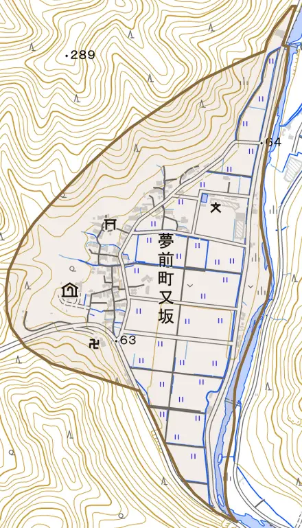 夢前町又坂とその周辺の地図。町の範囲を重ねている