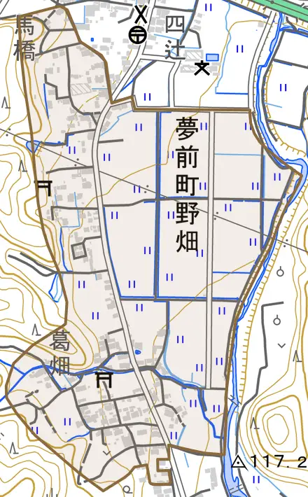 夢前町野畑とその周辺の地図。町の範囲を重ねている