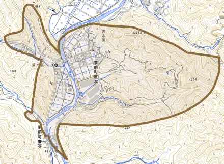 夢前町置本とその周辺の地図。町の範囲を重ねている