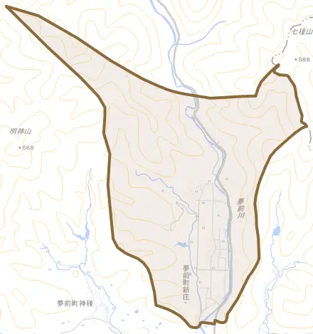 夢前町新庄とその周辺の地図。町の範囲を重ねている