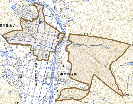 夢前町杉之内とその周辺の地図。町の範囲を重ねている