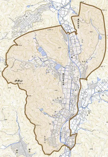 夢前町菅生澗とその周辺の地図。町の範囲を重ねている