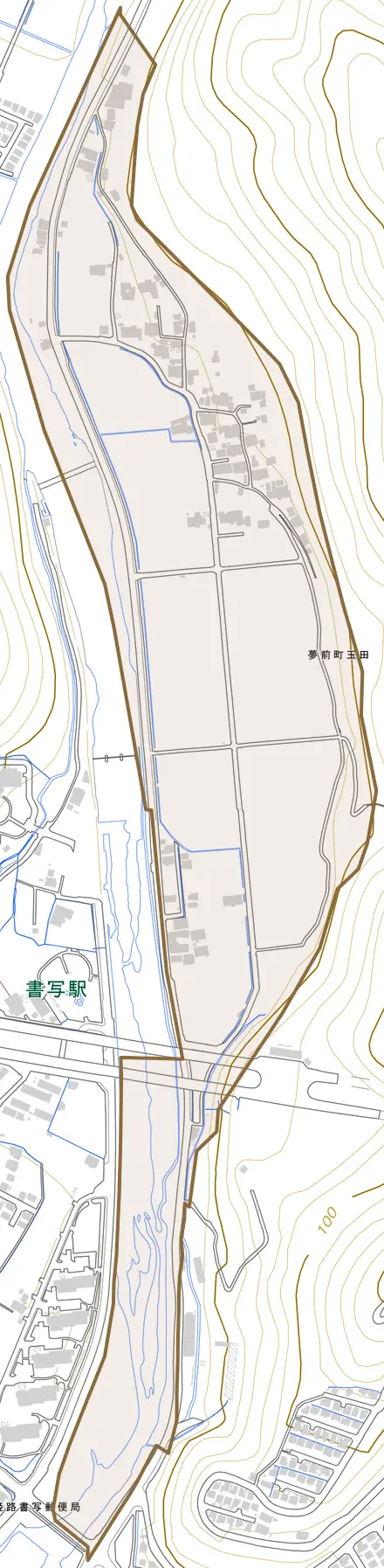 夢前町玉田とその周辺の地図。町の範囲を重ねている