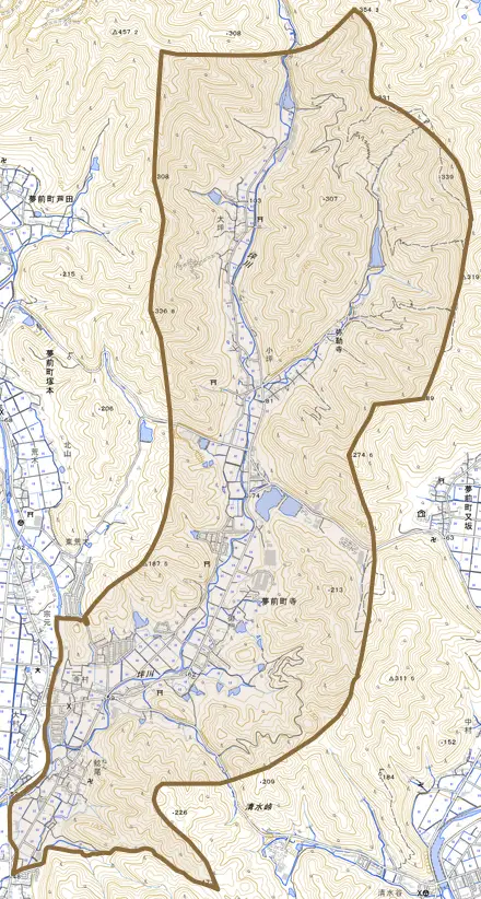 夢前町寺とその周辺の地図。町の範囲を重ねている