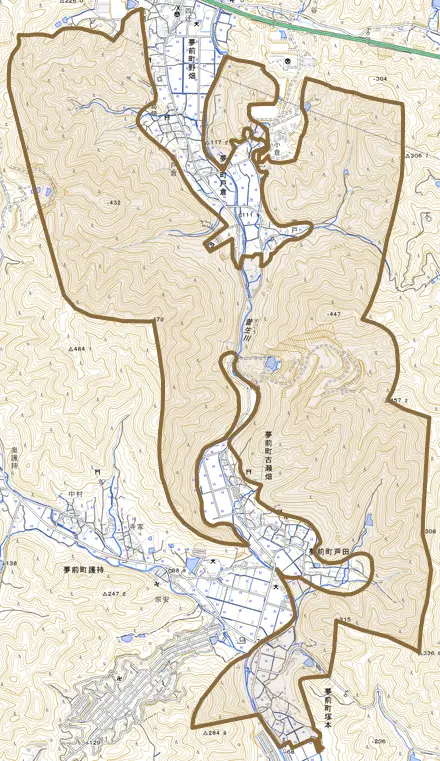 夢前町塚本とその周辺の地図。町の範囲を重ねている
