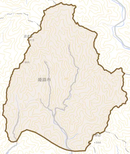夢前町山之内とその周辺の地図。町の範囲を重ねている