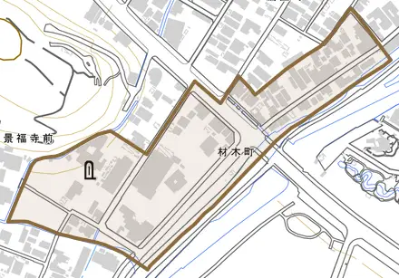 材木町とその周辺の地図。町の範囲を重ねている