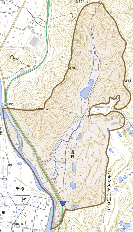 浅野とその周辺の地図。町の範囲を重ねている