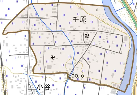 千原とその周辺の地図。町の範囲を重ねている