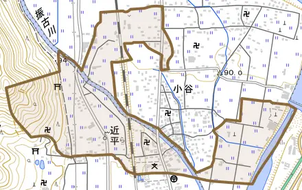 近平とその周辺の地図。町の範囲を重ねている
