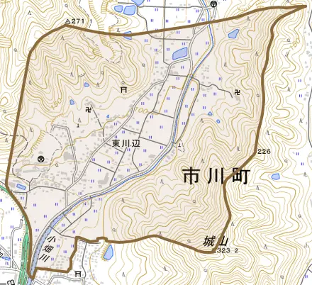 東川辺とその周辺の地図。町の範囲を重ねている