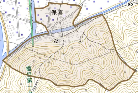 保喜とその周辺の地図。町の範囲を重ねている
