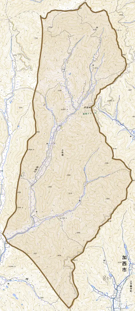 上牛尾とその周辺の地図。町の範囲を重ねている