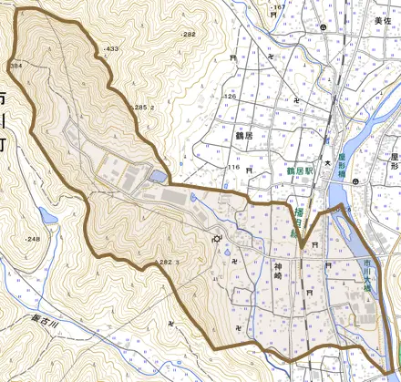 神崎とその周辺の地図。町の範囲を重ねている