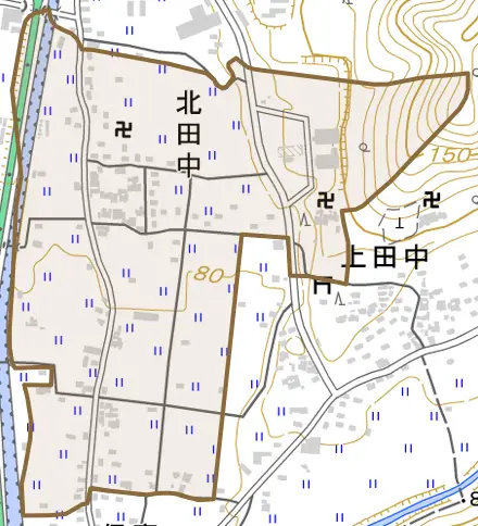 北田中とその周辺の地図。町の範囲を重ねている