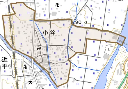 小谷とその周辺の地図。町の範囲を重ねている