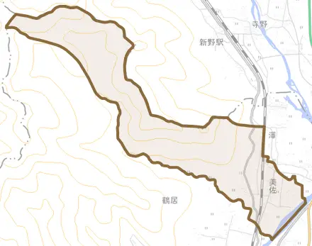 美佐とその周辺の地図。町の範囲を重ねている