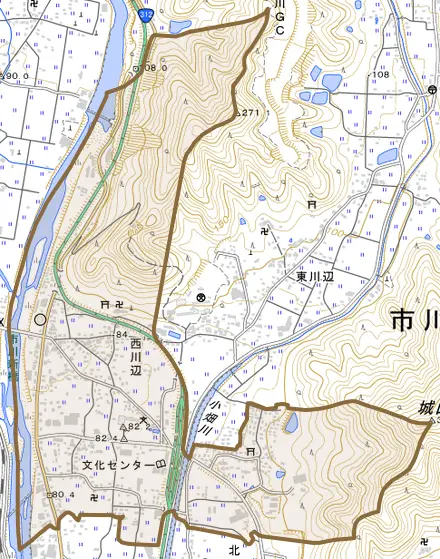 西川辺とその周辺の地図。町の範囲を重ねている