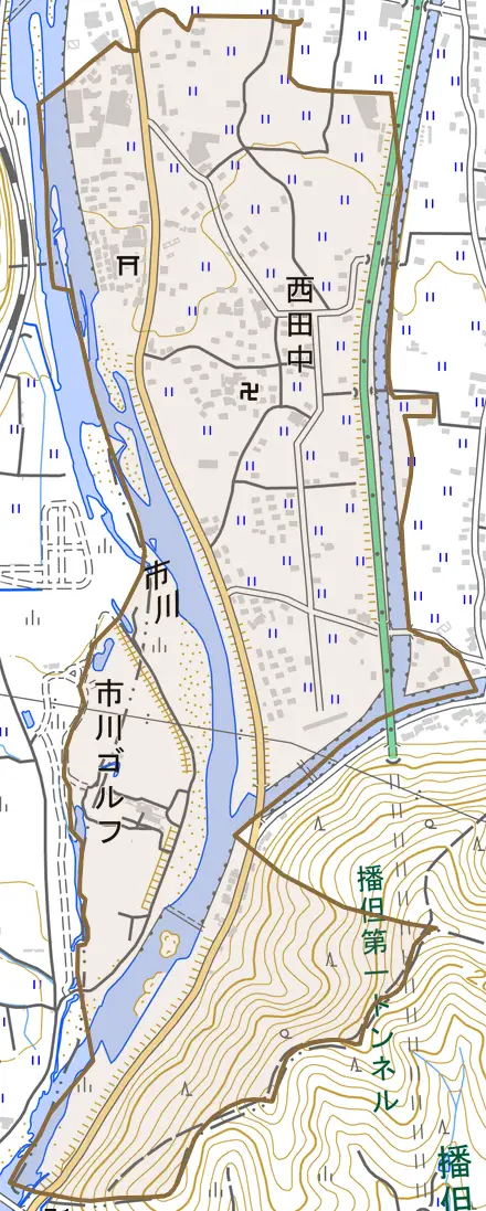 西田中とその周辺の地図。町の範囲を重ねている