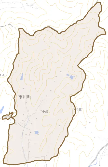 小畑とその周辺の地図。町の範囲を重ねている