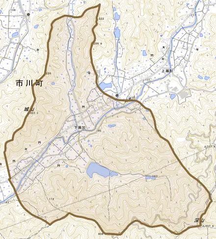 下瀬加とその周辺の地図。町の範囲を重ねている