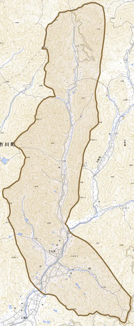 下牛尾とその周辺の地図。町の範囲を重ねている