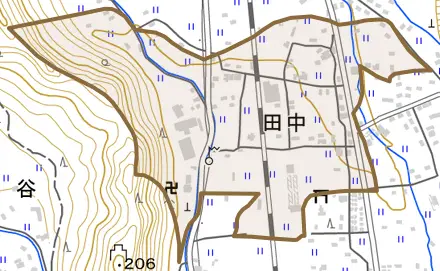 田中とその周辺の地図。町の範囲を重ねている