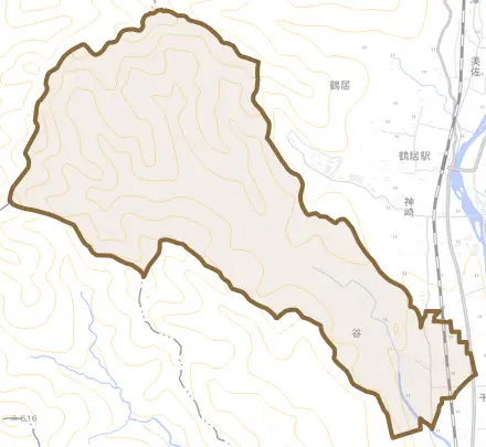 谷とその周辺の地図。町の範囲を重ねている