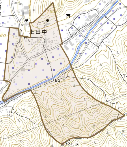 上田中とその周辺の地図。町の範囲を重ねている
