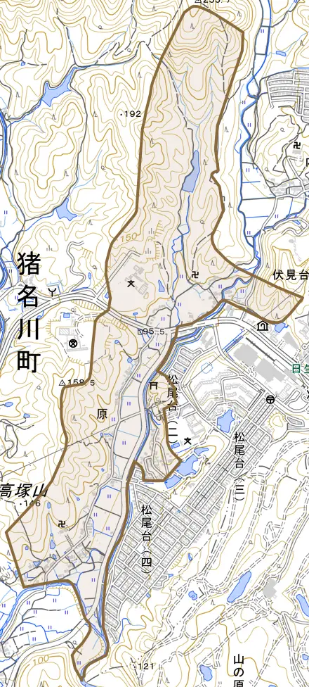 原とその周辺の地図。町の範囲を重ねている