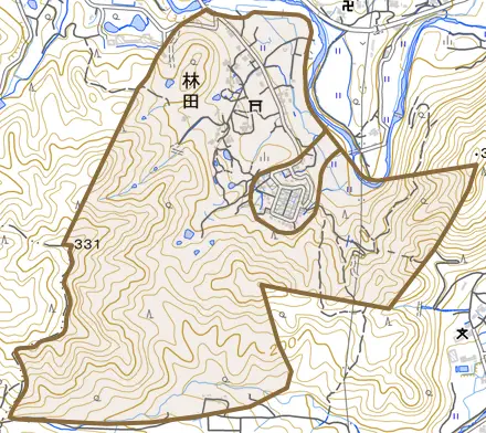 林田とその周辺の地図。町の範囲を重ねている