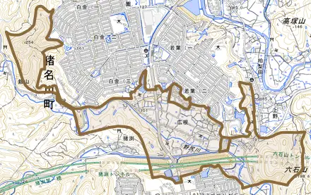 広根とその周辺の地図。町の範囲を重ねている
