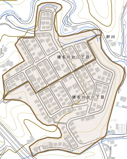 猪名川台とその周辺の地図。町の範囲を重ねている