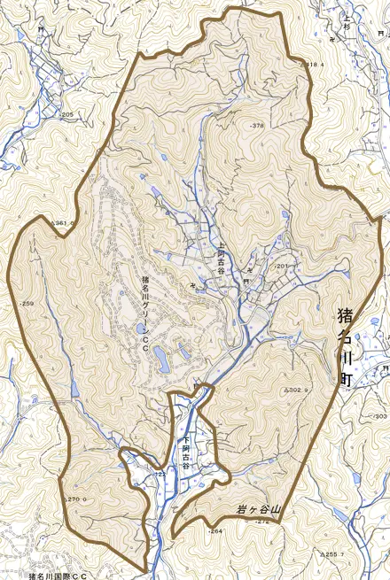 上阿古谷とその周辺の地図。町の範囲を重ねている