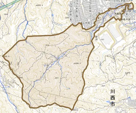 肝川とその周辺の地図。町の範囲を重ねている