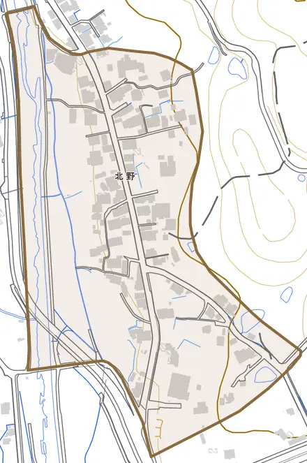 北野とその周辺の地図。町の範囲を重ねている
