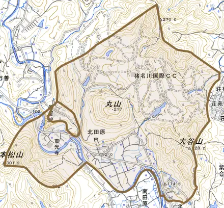 北田原とその周辺の地図。町の範囲を重ねている