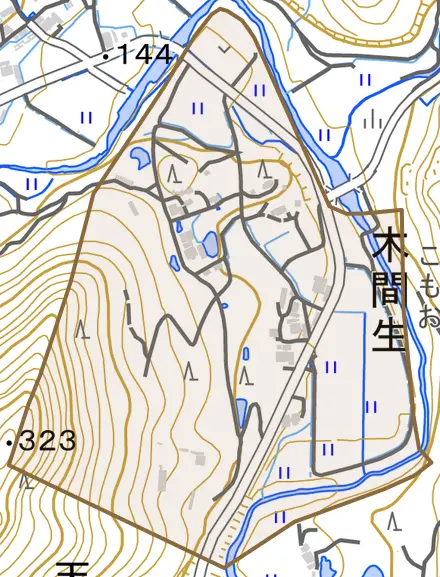 木間生とその周辺の地図。町の範囲を重ねている
