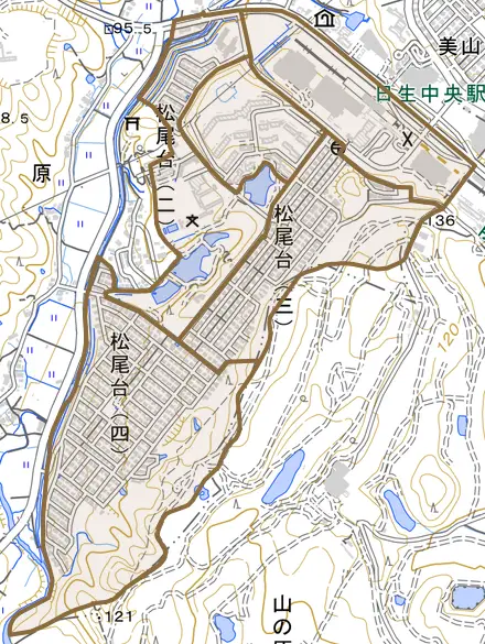 松尾台とその周辺の地図。町の範囲を重ねている